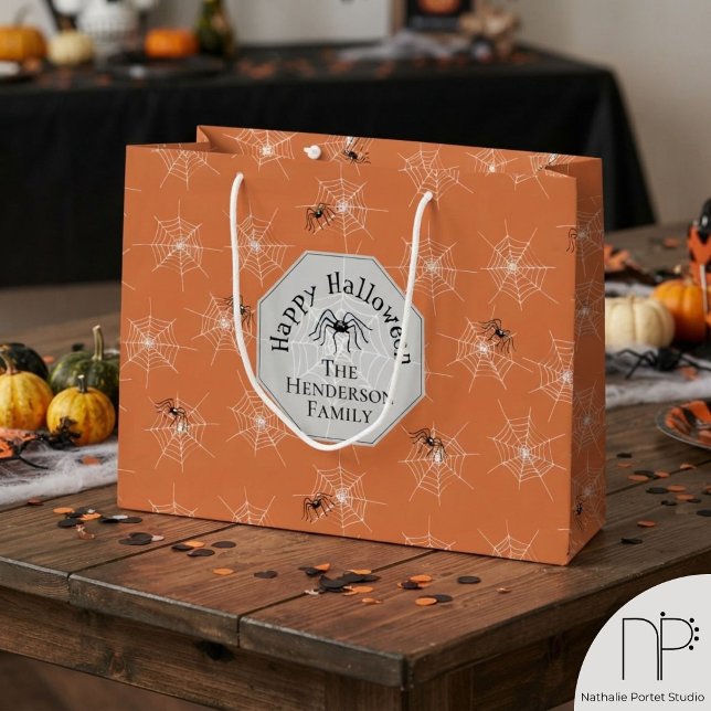Spooky Spider Web Orange Gift Bag (spider web Happy Halloween large black orange gift bag for halloween party or october celebration)