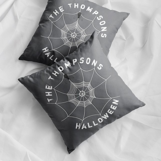Spooky Spider Web Personalised Family Halloween Cushion (Spooky spider web Halloween pillow with personalized family name and creepy spider decor.)