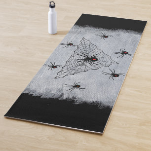 Spooky Spiderweb Black Widow Spider on Black White Yoga Mat