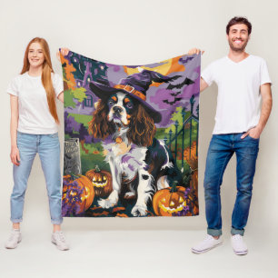 Spooky Springer Spaniel Halloween Witch Pumpkin Fleece Blanket