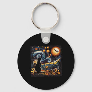 Spooky Starry Art Night Sky Art Black Cat Pumpkin Key Ring