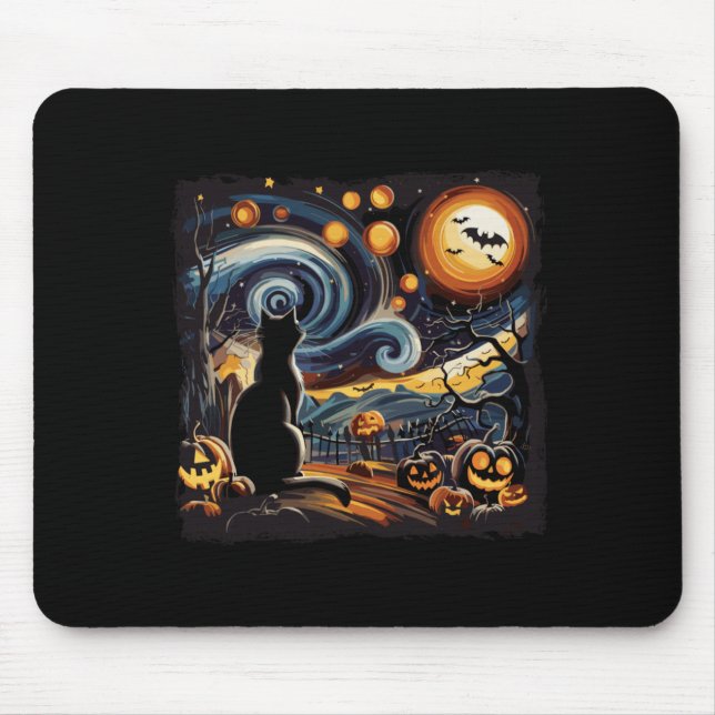 Spooky Starry Art Night Sky Art Black Cat Pumpkin Mouse Mat (Front)