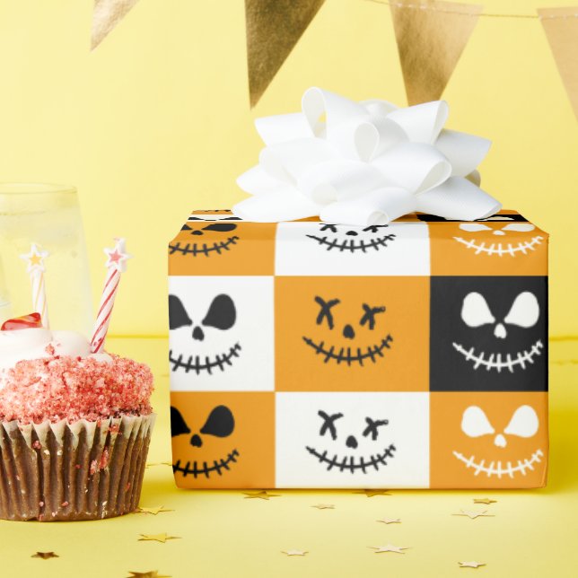 Spooky Stitch Face | Black Orange White Halloween Wrapping Paper (Birthday Party)