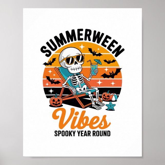 Spooky Summer Beach Skeleton Funny Halloween Summe Poster (Front)