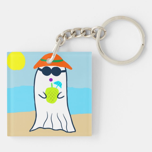 Spooky Summer Ghost on the Beach Key Ring (Back)