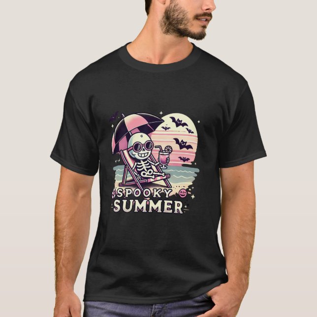 Spooky Summer Skeleton Halloween Vibes Iced Coffee T-Shirt (Front)