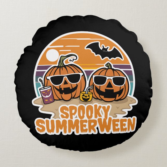 Spooky Summerween - pumpkins on the beach Round Cushion (Front)