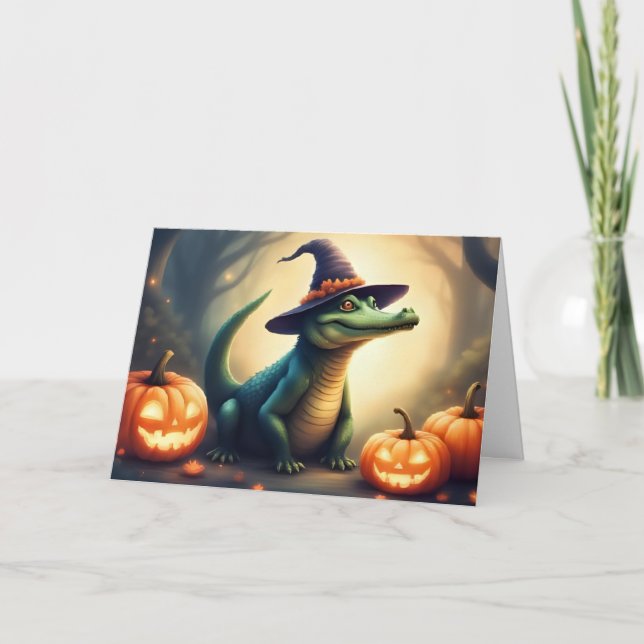 Spooky Swamp Witch Gator Halloween Notecard (Front)