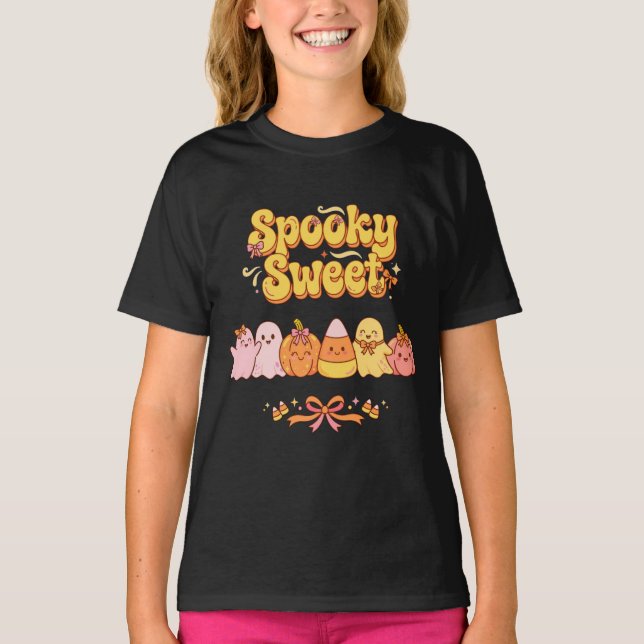 Spooky Sweet Ghosts Pumpkins Candy Corn Bow Fall A T-Shirt (Front)