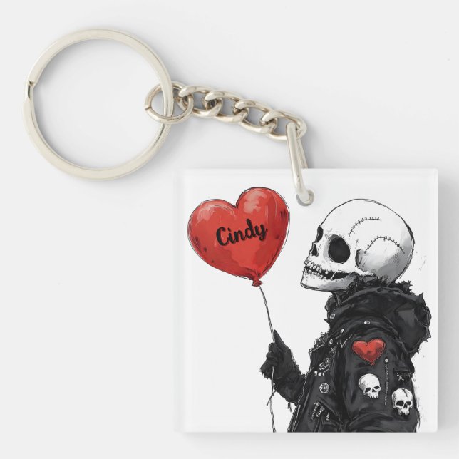 Spooky Sweetheart -Customizable Skull with Balloon Key Ring (Front)
