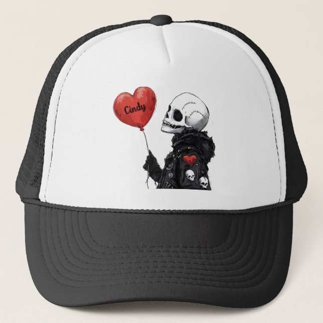 Spooky Sweetheart -Customizable Skull with Balloon Trucker Hat (Front)