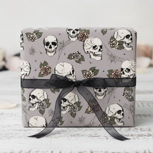 Spooky Taupe Grey Floral Small Skull Halloween Wrapping Paper