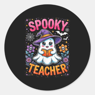 Spooky Teacher Cute Ghost Reading Book Funny Hallo Classic Round Sticker