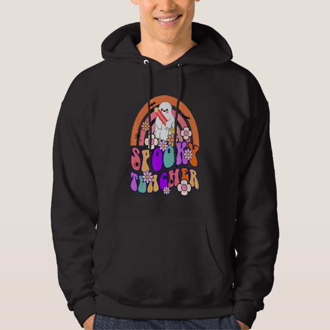 Spooky Teacher Ghost Halloween Groovy Retro Trick  Hoodie (Front)