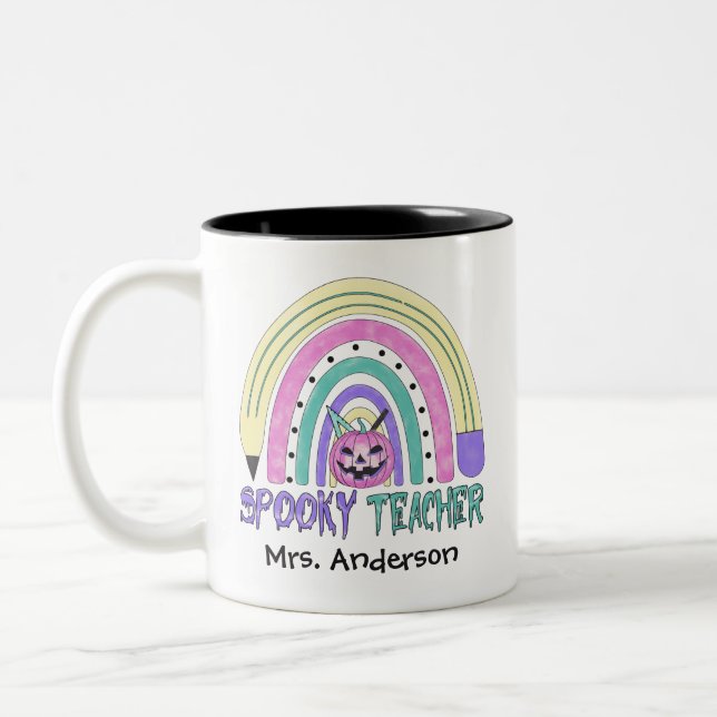 Spooky Teacher Halloween Name Cute Retro Two-Tone Coffee Mug (Left)