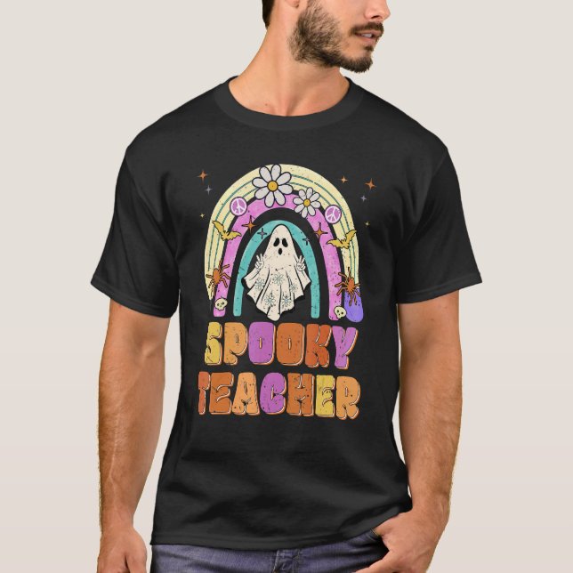 Spooky Teacher Retro Spooky Floral Ghost Hippie Ha T-Shirt (Front)