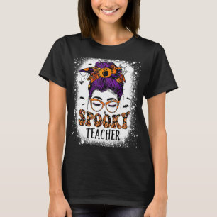 Spooky Teacher Womens Messy Bun Bleached Halloween T-Shirt