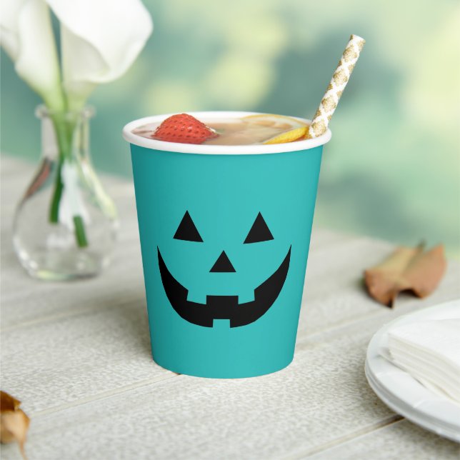 Spooky teal Jack o lantern pumpkin Halloween Paper Cups (Insitu)