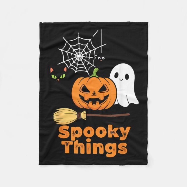 Spooky Things Cute Halloween Pumpkin Ghost Black Fleece Blanket (Front)