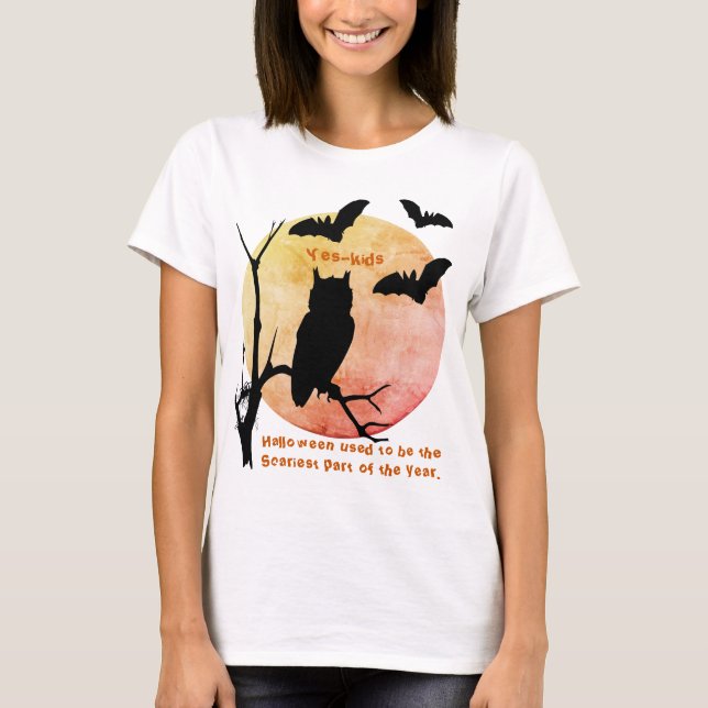 Spooky Thoughts Halloween Owl & Bats  T-Shirt (Front)
