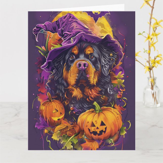 Spooky Tibetan Mastiff Dog Halloween Witch Pumpkin Card (Yellow Flower)