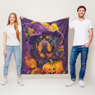 Spooky Tibetan Mastiff Dog Halloween Witch Pumpkin Fleece Blanket