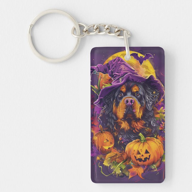 Spooky Tibetan Mastiff Dog Halloween Witch Pumpkin Key Ring (Front)