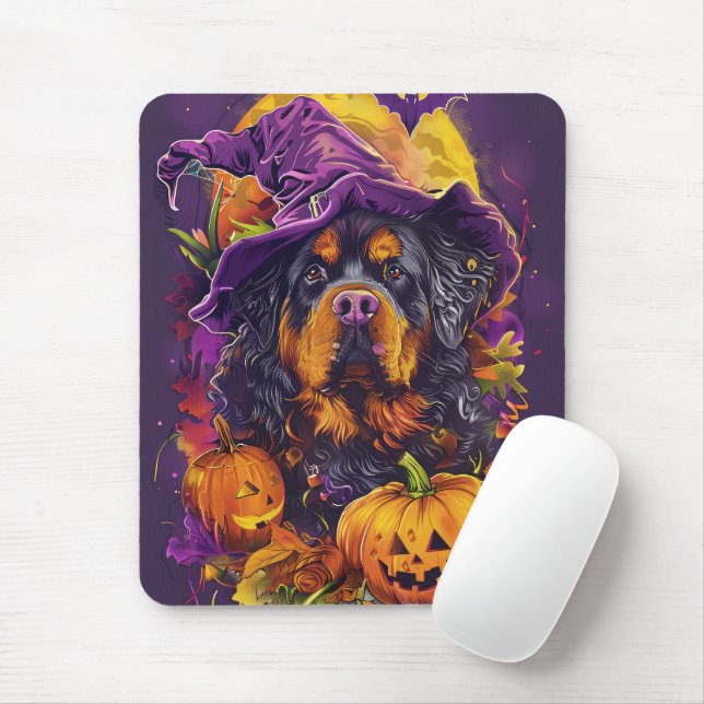 Spooky Tibetan Mastiff Dog Halloween Witch Pumpkin Mouse Mat (With Mouse)