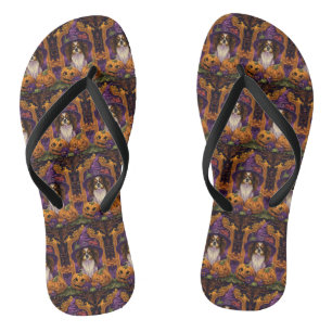 Spooky Tibetan Spaniel Dog Halloween Witch Pumpkin Flip Flops