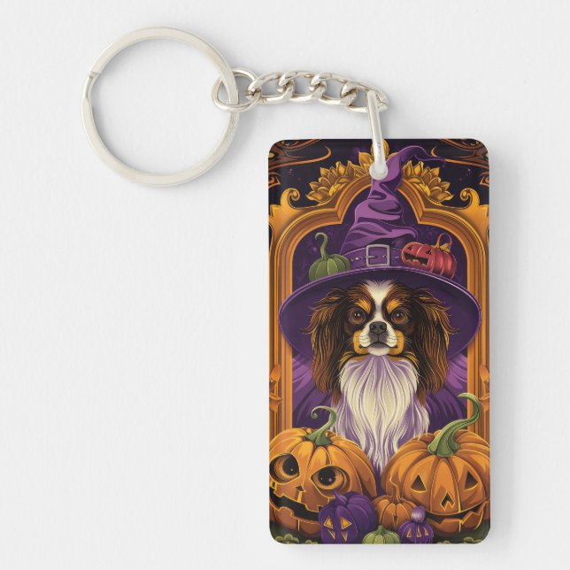 Spooky Tibetan Spaniel Dog Halloween Witch Pumpkin Key Ring (Front)