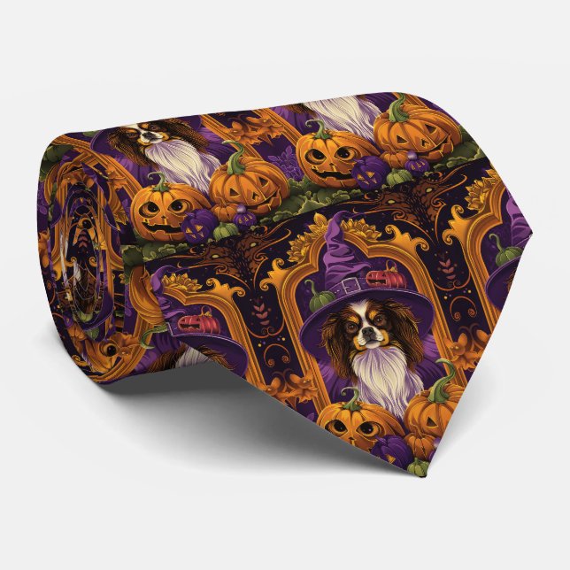Spooky Tibetan Spaniel Dog Halloween Witch Pumpkin Tie (Rolled)