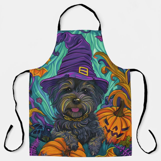 Spooky Tibetan Terrier Dog Halloween Witch Pumpkin Apron (Front)