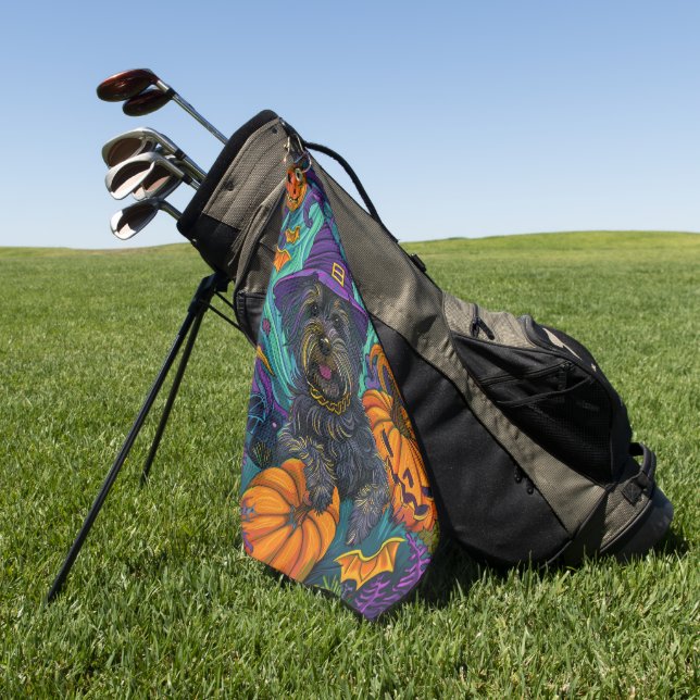 Spooky Tibetan Terrier Dog Halloween Witch Pumpkin Golf Towel (Green)