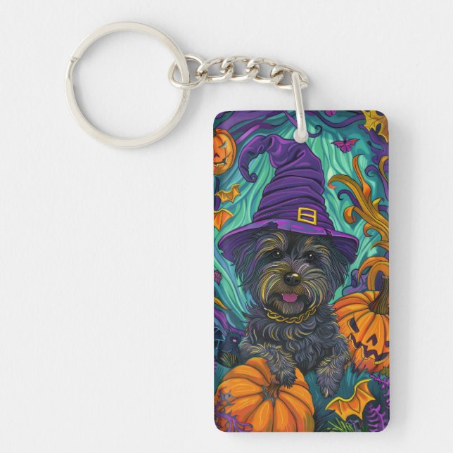 Spooky Tibetan Terrier Dog Halloween Witch Pumpkin Key Ring (Front)