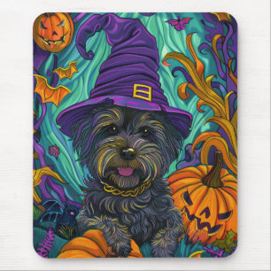 Spooky Tibetan Terrier Dog Halloween Witch Pumpkin Mouse Mat