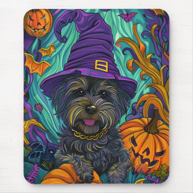 Spooky Tibetan Terrier Dog Halloween Witch Pumpkin Mouse Mat (Front)