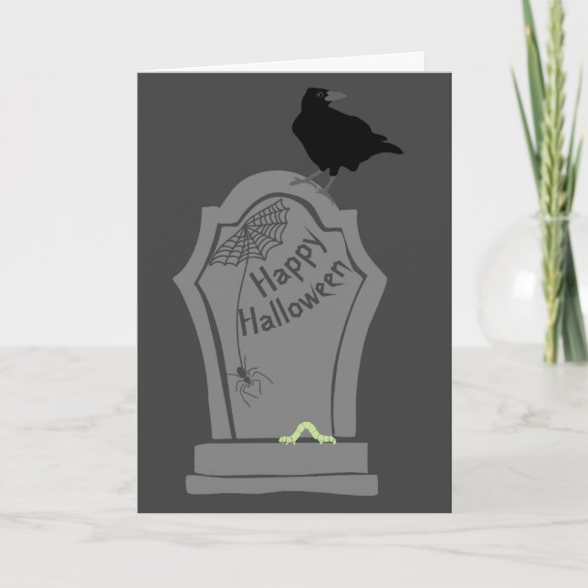 Spooky Tombstone and Black Crow Happy Halloween Card (Front)