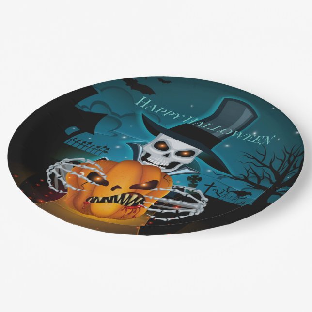 Spooky Top Hat Skeleton Paper Plate (Angled)