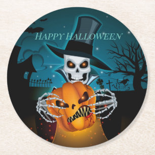 Spooky Top Hat Skeleton Round Paper Coaster