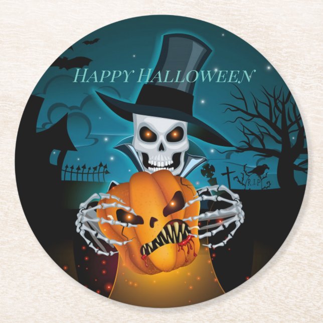 Spooky Top Hat Skeleton Round Paper Coaster (Front)