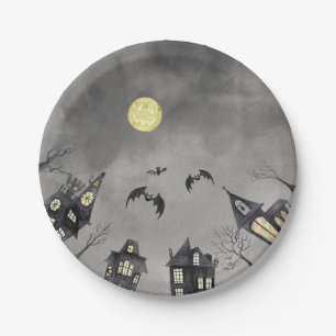 Spooky town watercolour Halloween Paper Plate