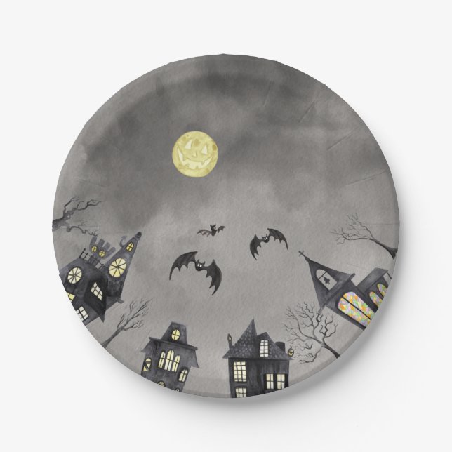 Spooky town watercolour Halloween  Paper Plate (Front)