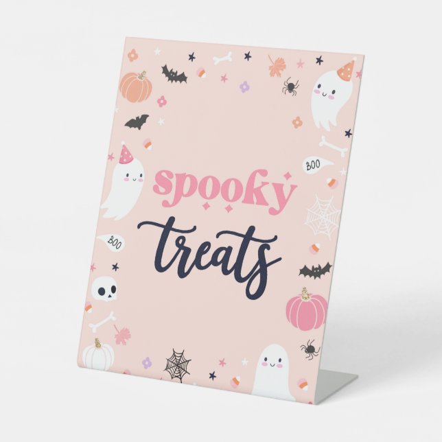 Spooky Treats Cute Halloween Ghost Birthday Decor Pedestal Sign (Front)
