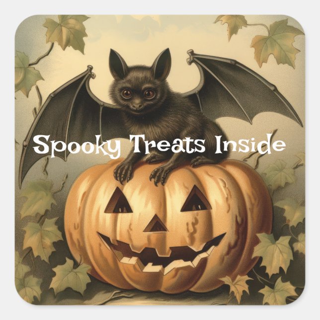 Spooky Treats Inside - Bat and Pumpkin Halloween Square Sticker (Front)
