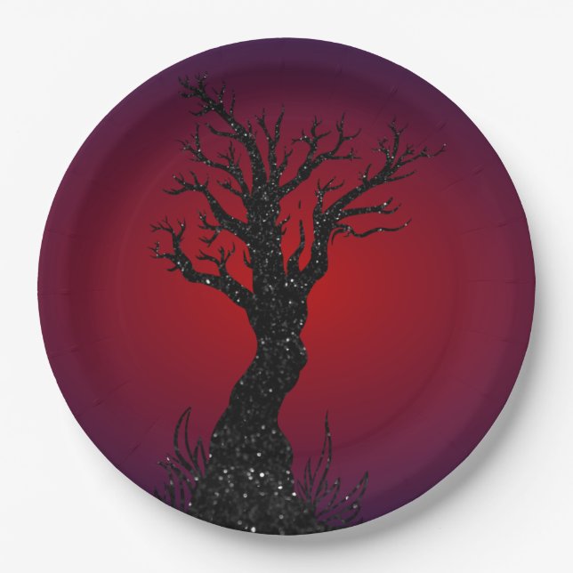 Spooky Tree Glitter Halloween Paper Plate (Front)
