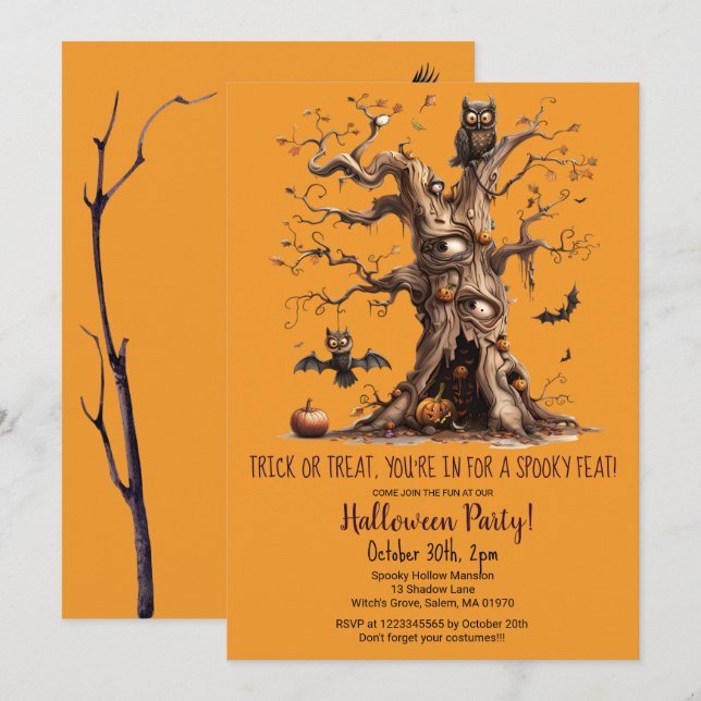 Spooky Tree Owl Bats Pumpkins Halloween Party  Invitation (Front/Back)