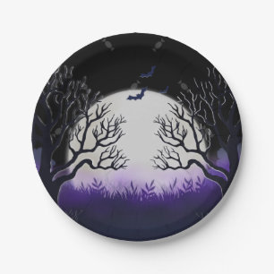 Spooky Tree Purple & Black Full Moon Bat Halloween Paper Plate