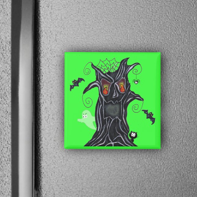 Spooky Tree With Halloween Friends Magnet (Black spooky tree flame eyes bats, ghost, black cat on vibrant green Halloween magnet.)