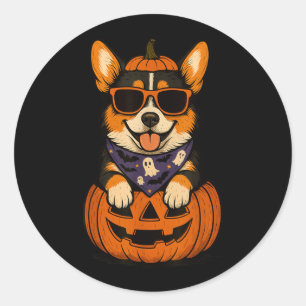 Spooky Tri Colour Corgi Pumpkin Halloween Dog Love Classic Round Sticker