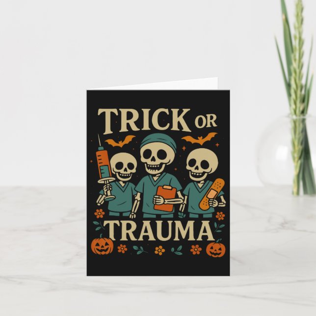Spooky Trick Or Trauma Skeleton Pumpkin Halloween  Card (Front)